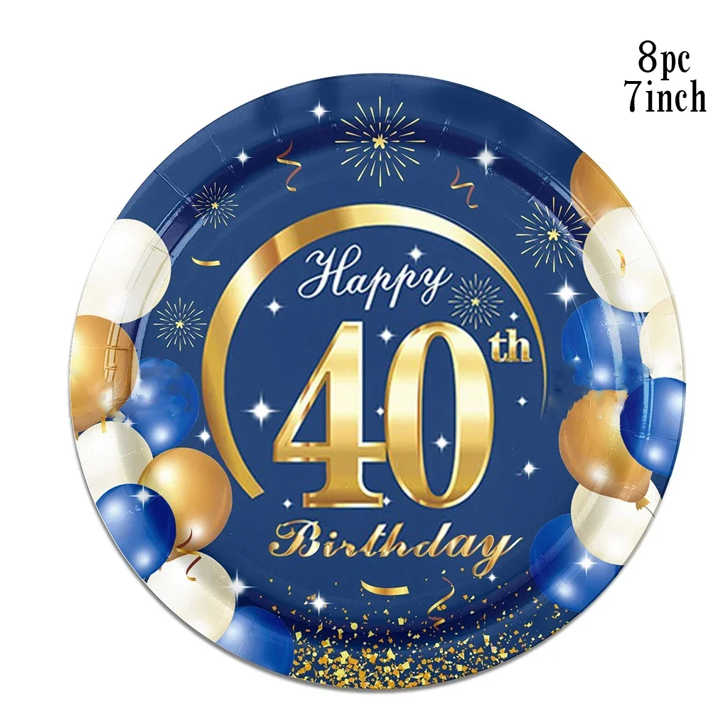 Golden 40 Years Old Birthday Disposable Tableware Blue Balloon Birthday Paper Plates Napkin Happy 40th Birthday Party Supplies