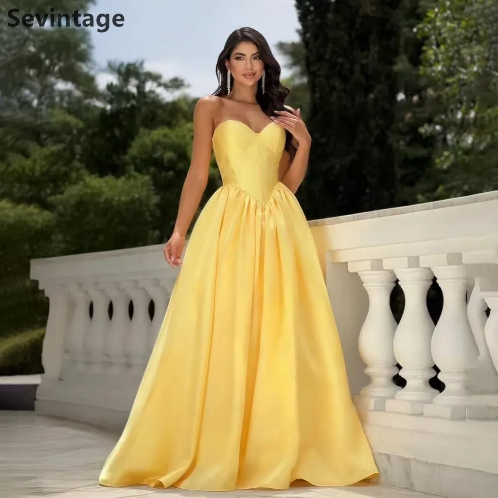 فستان سهرة من Sevintage 2025 من الساتان الأصفر على شكل حرف A فستان حفلات مكشكش على شكل قلب لحفلات الزفاف الرسمية حسب الطلب #3