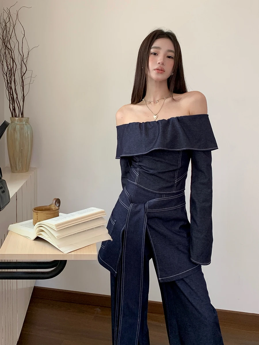 REDDACHiC Denim Top Cover Up Wide Leg Pants Set Women Work Casual One-shoulder T-shirt Wide High Waist Baggy Jeans Retro Clothes