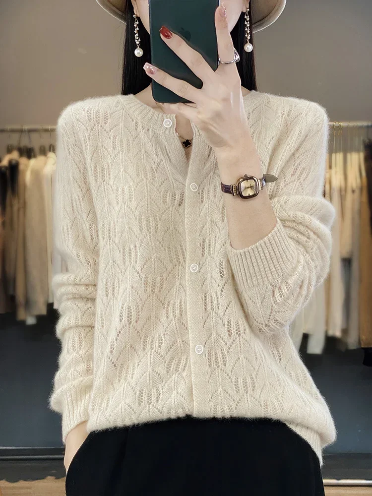 2024 Spring Autumn Women Cardigan Knitwear 100% Merino Wool Tops O-neck Long Sleeve Women Sweater Korean Popular Clothing E1598