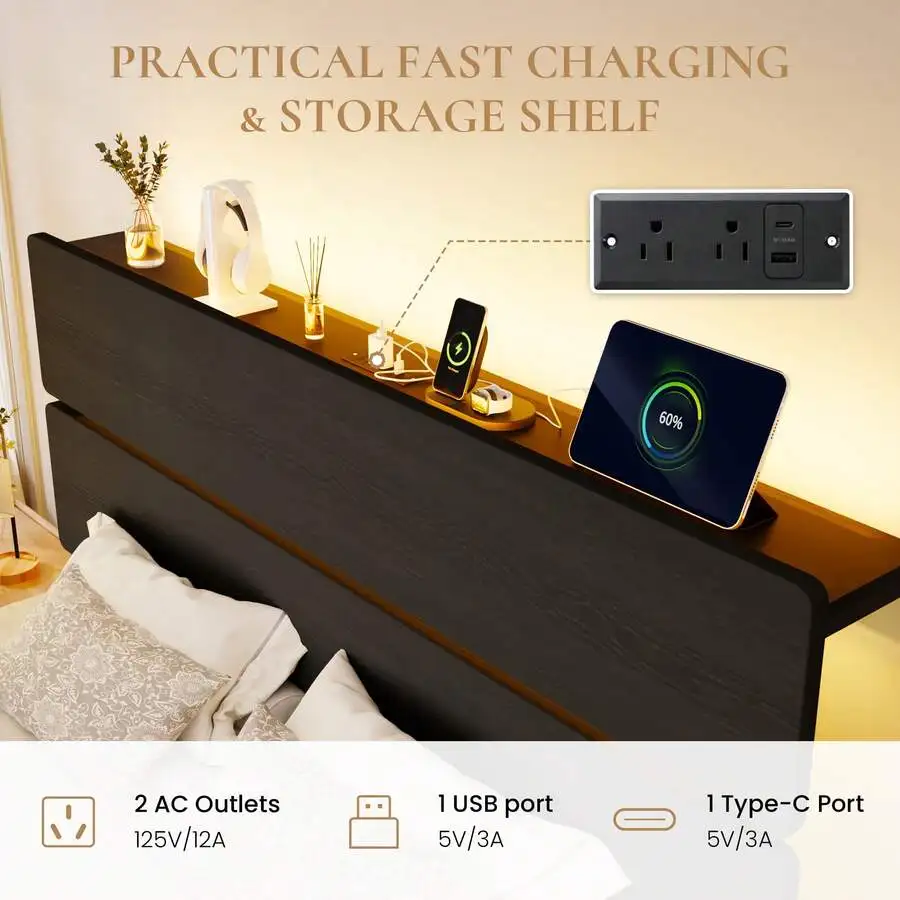 Twin/Full/Queen/King Size Bed Frame With Led Light & Built-In Charging Station, Wooden Storage Headboard And Footboard, Metal Platform Bed With Under Bed Storage, No Box Spring Needed, Noise Free, Black view 3