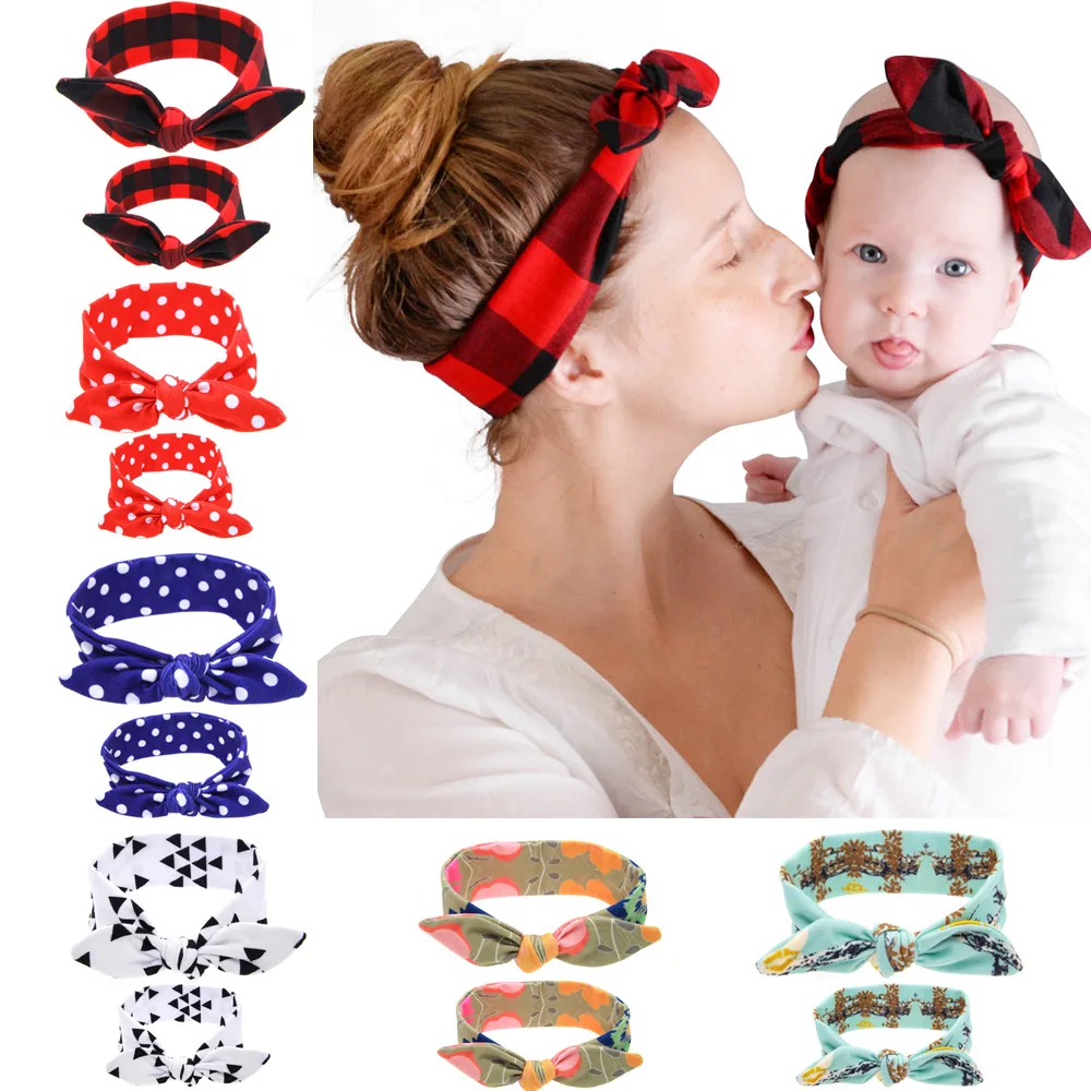 

Printed mother And Child Headband Set red And Black Checked Baby Boys Girls Headband Rabbit Ears Two-Piece Set