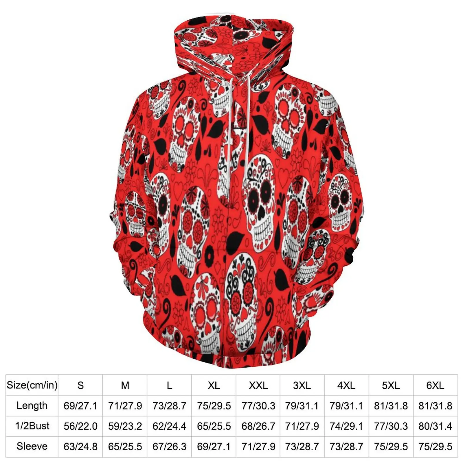 Sugar Skull Print Loose Hoodies Red And White Casual Hoodie Male Long Sleeve Aesthetic Design Sweatshirts Plus Size