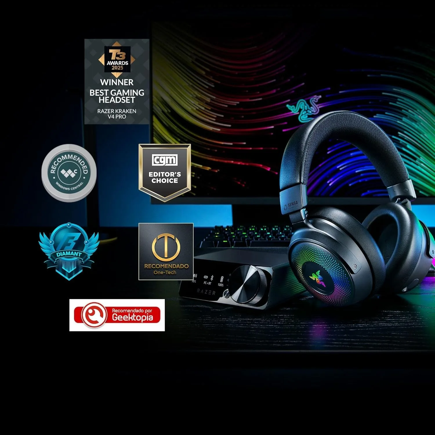 سماعة الألعاب اللاسلكية Razer Kraken V4 Pro 2.4 جيجا هرتز سماعة لاسلكية تعمل بالبلوتوث USB 3.5 ملم ميكروفون واسع النطاق للغاية لأجهزة الكمبيوتر الشخصية وأجهزة Mac وPS5 والهواتف الذكية #3