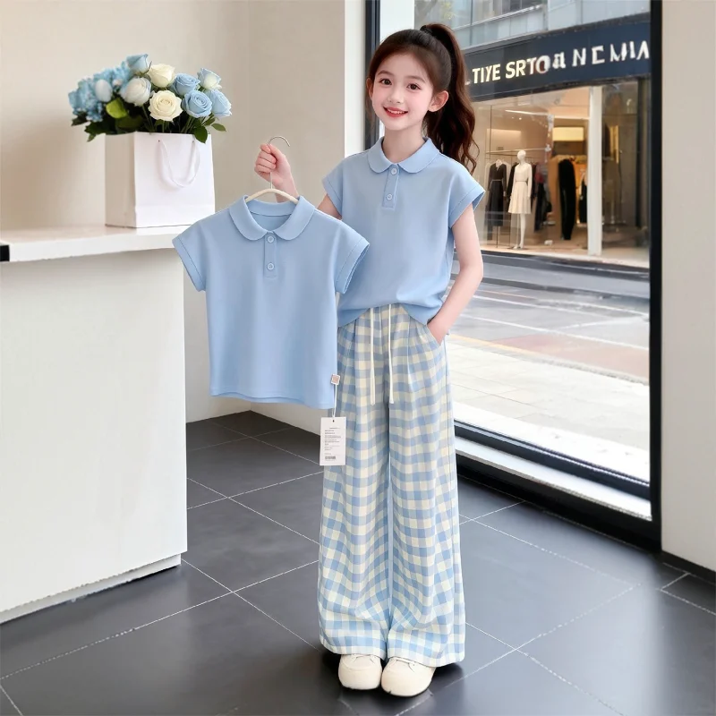 Summer Teenage Girls Clothes Set Children Lapel Tshirt and Casual Pants Suit Student School Short Sleeve Top Bottom Outfits