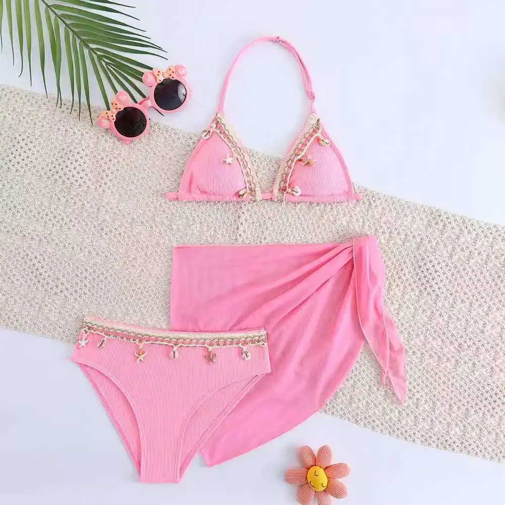 

Girls 3pack Shell Bikini Sets Kids Swimsuit & Beach Skirts 8-12 Years Children 's Swimwear 2026 Teens Girl Halter Bathing Suit