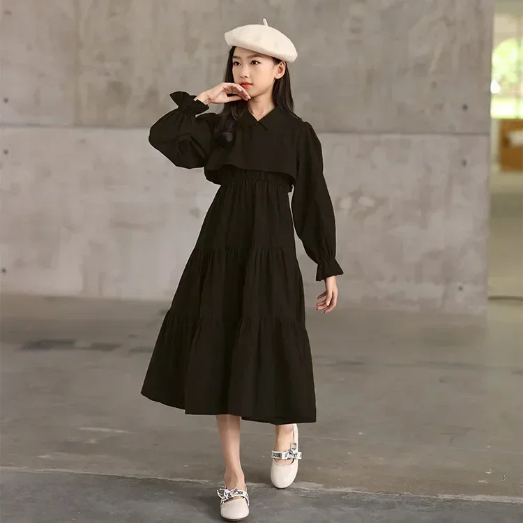 2024 Spring Teen Girls Elegant Long Shirt Dress Sleeve Black Cotton Party Muslim Clothes 8 10 12 13 14 Years Girls Clothes