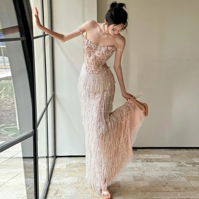 

Light luxury niche heavy tassel host morning robe toasting dress