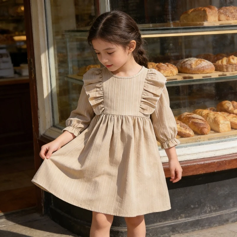 Girls Retro Princess Dress Long Sleeve Wooden Ear Lace Spring Autumn Kids Clothing
