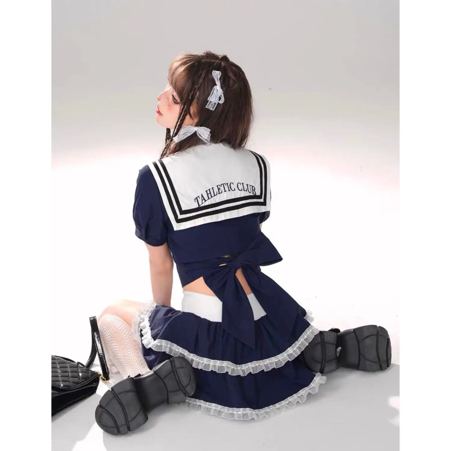 Japan Kawaii JK Cute Uniform Sailor Suit Summer Women Clothing Navy Neck Tie Up Bow Top High Waist Fluffy Short Skirt Girl New