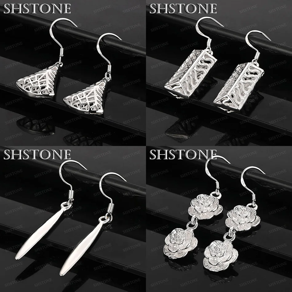 

925 Sterling Silver Flower Fan-shaped Cuboid Long Strip Drop Earrings Fashion Charm Nice Jewelry Wedding Party Gift Accessories