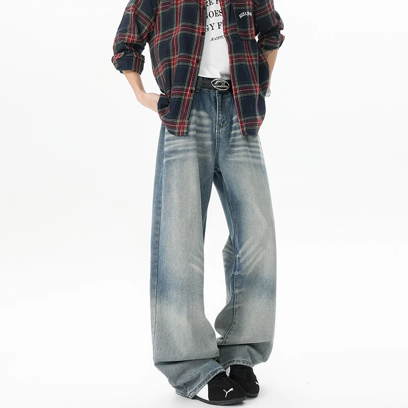 

2025 Retro American Style Men's Jeans Loose Straight Leg Distressed Denim Pants with Wash Baggy Wide Fit Casual Trousers M-8XL