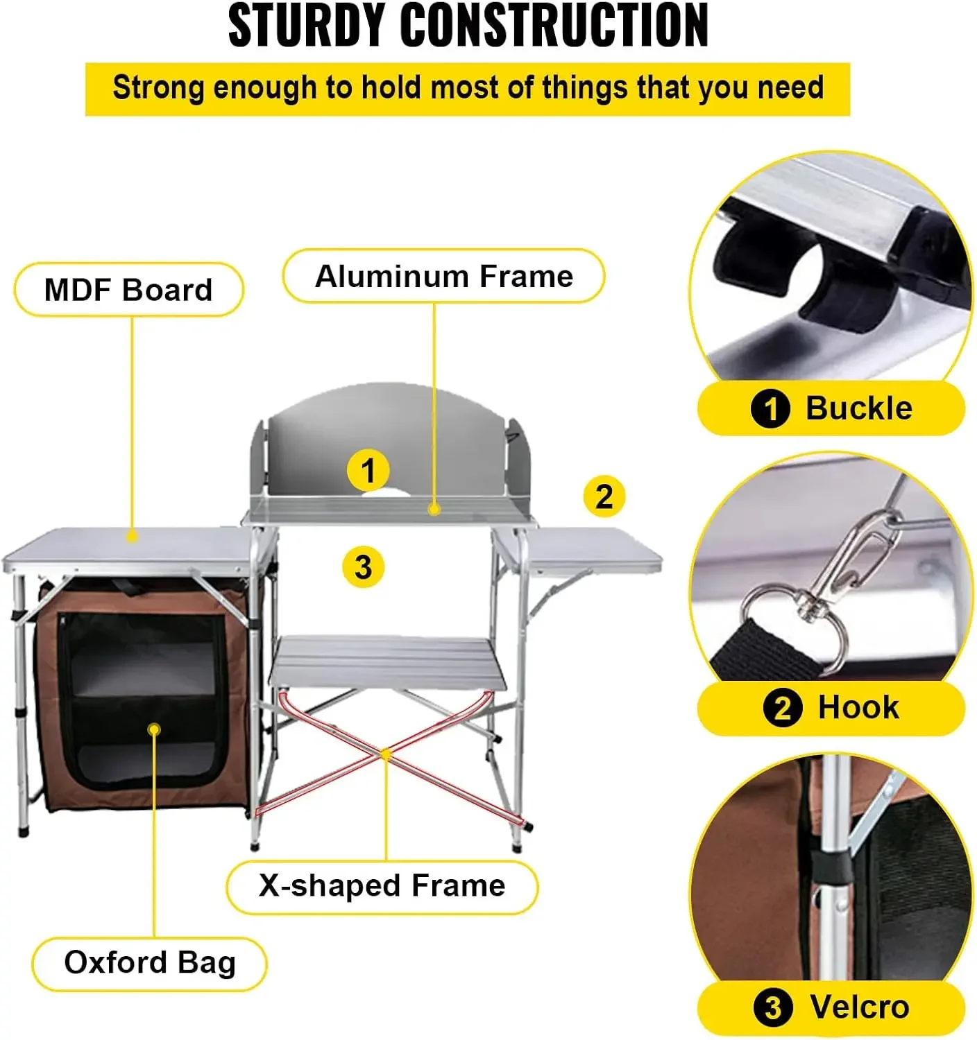 Camping Kitchen Table, Aluminum Portable Folding Camp Cook Station with Windscreen, Cupboard, Storage Organizer, Carrying Bag