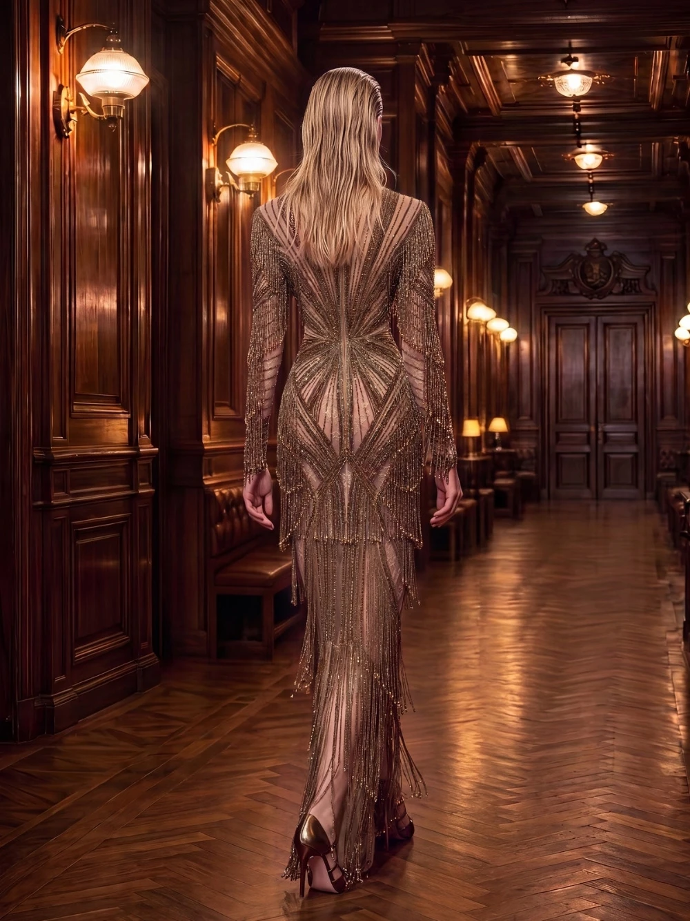 Luxury Gold Fringe Beaded Evening Dress Long Sleeve Sheer Mesh See Through Maxi Prom Gown Customized Glitter Arabic Gala Wear
