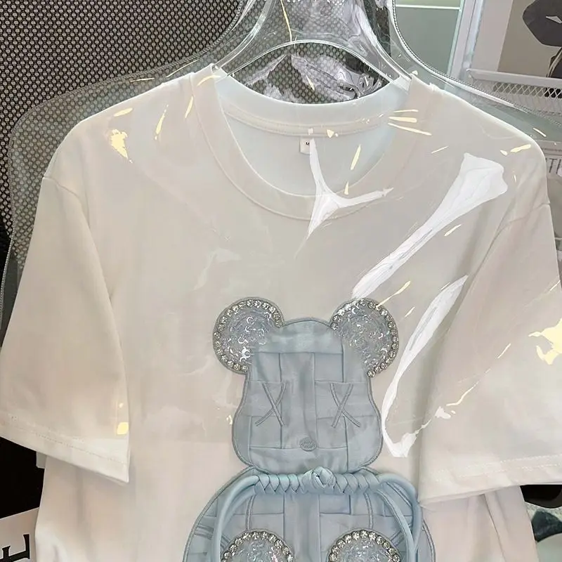 Alta qualidade puro algodão bordado t camisas céu azul cristal urso dos desenhos animados topos verão casual feminino manga curta roupas kawaii