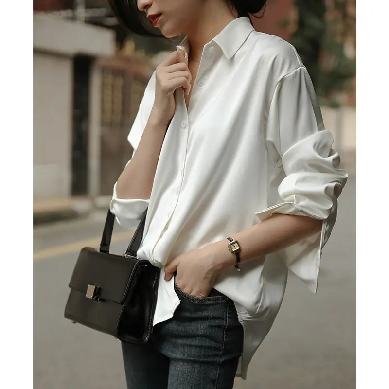 Fashion Lapel Button Loose Solid Color Korean Shirt Women\'s Clothing 2023 Spring New Casual Tops All-match Office Lady Blouse