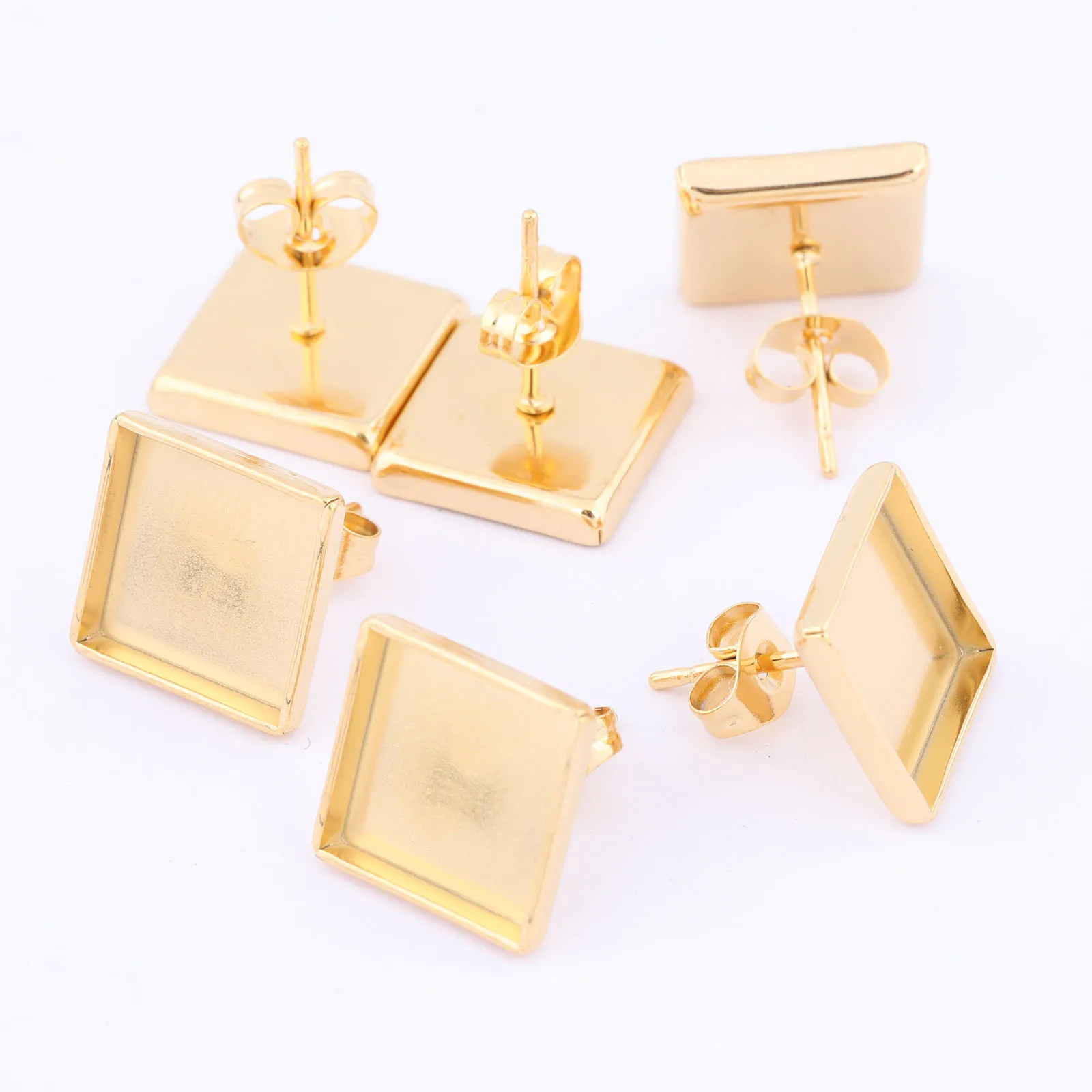 10pcs Stainless Steel Gold Plated 10mm Square Cabochon Earring Base Blanks Studs Diy Bezel Settings For Jewelry Making Supplies
