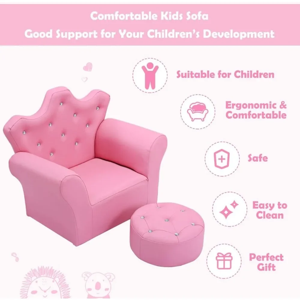 Canapé rembourré avec pouf pour enfants, rose, garni de diamants