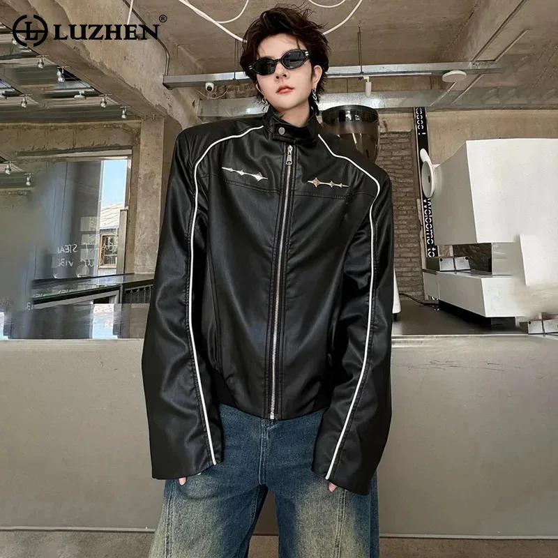 

LUZHEN 2024 Spring Trendy Stand Collar Leather Jacket Men's High Street Fashion Design Metal Decorate Coat Free Shipping LZ2926