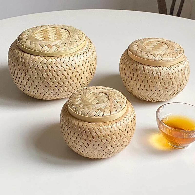 Bamboo Storage Basket With Lid Double Layer Handmade Woven Tea Basket Tabletop Storage Box for Tea Fruit Dried Fruit Snack Food