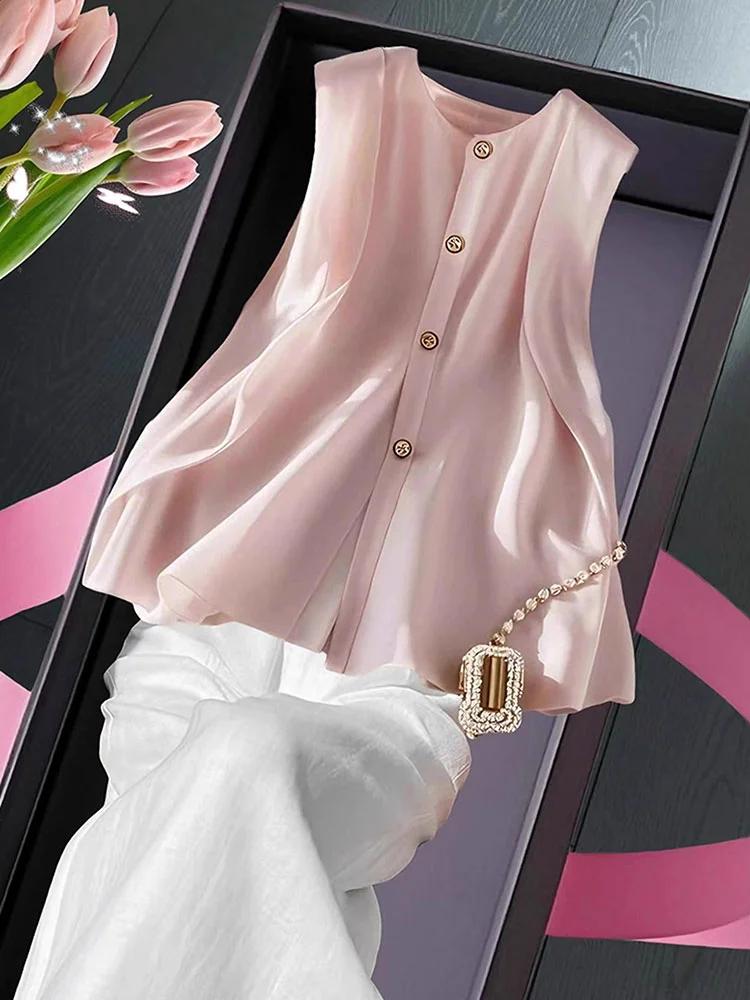 

Новинка лета 2026: Розовая блузка в корейском стиле, свободного кроя, дышащая, приятная к телу, с круглым вырезом, на пуговицах, для повседневной носки