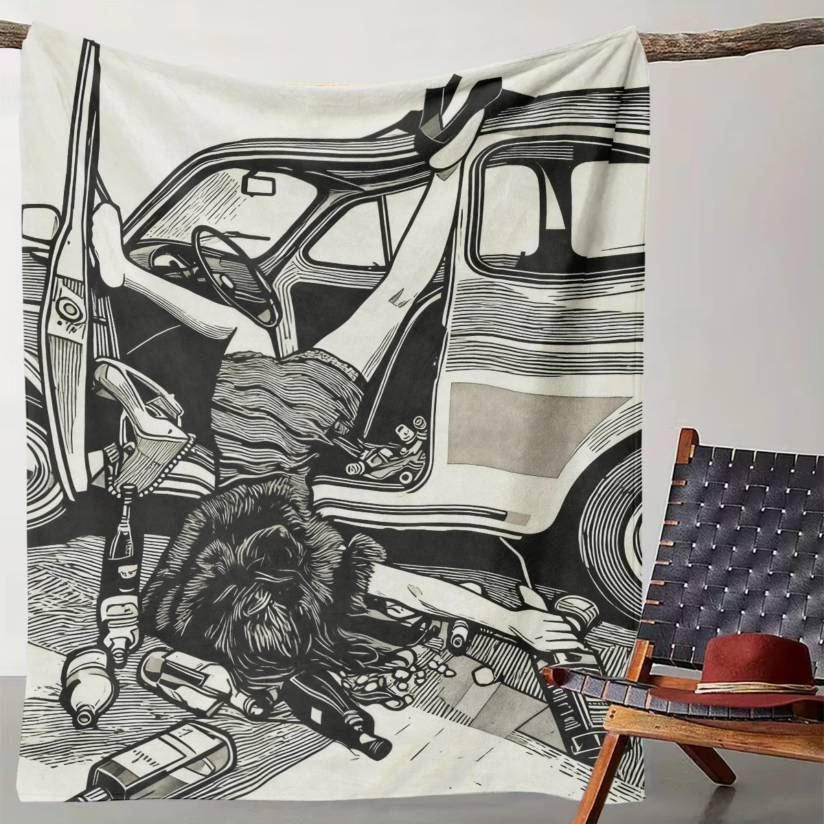 

1 Piece of Retro Black and White Woodcut Car Story Art Blanket, Personalized Trendy Cool Living Room Decoration Blanket