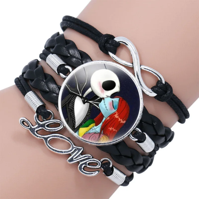 

Disney The Nightmare Before Christmas Cartoon Black Leather Braided Bracelet Sally Jack Skellington Anime Figures Kids Bracelets