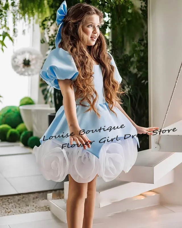 Gaun Gadis Bunga Arab Satin A-line Biru Bayi Gaun Anak Lengan Pendek Kerah Persegi Gaun Ulang Tahun Anak Perempuan Putri Disesuaikan