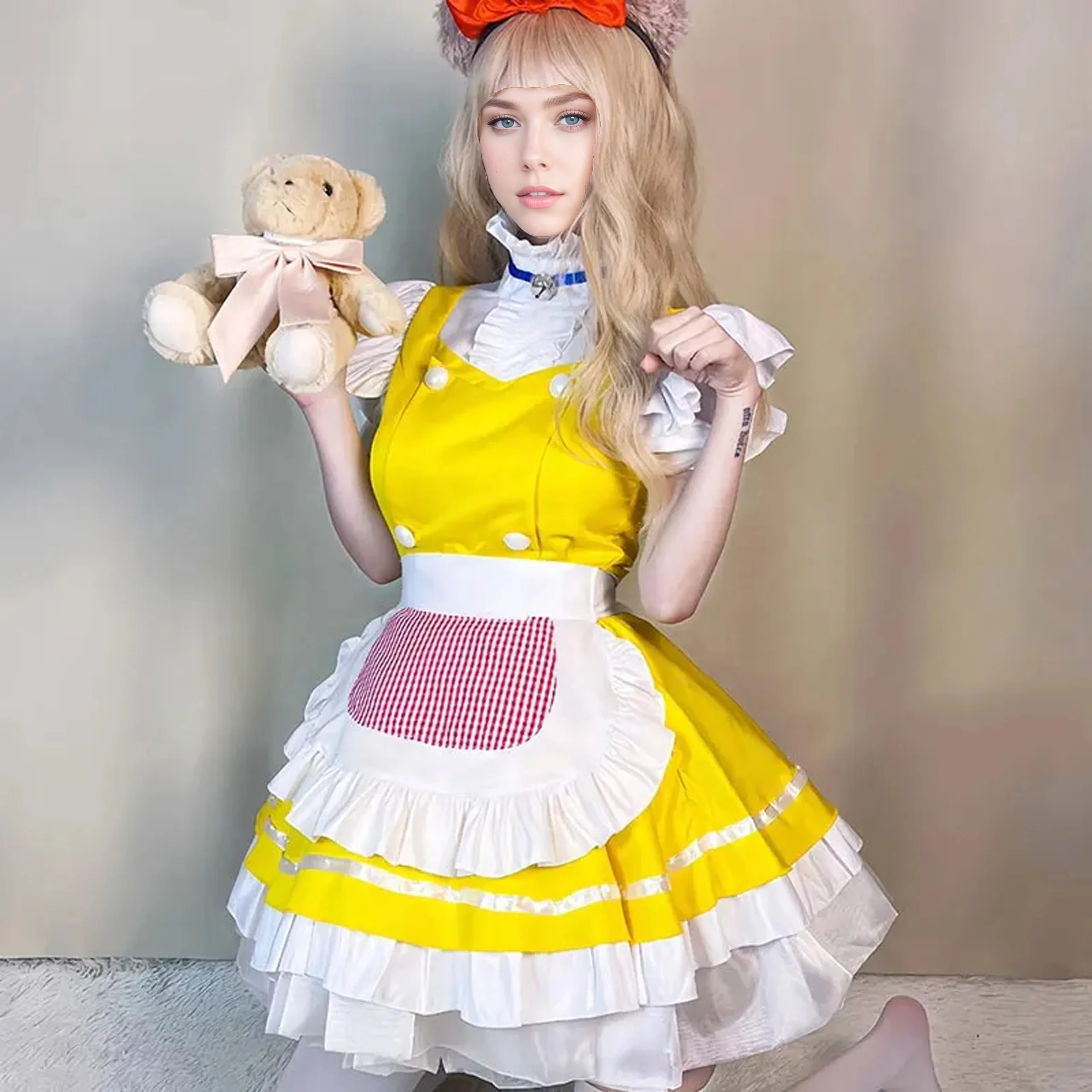 

Role Play Lolita Maid Outfit Waitress Yellow Short Skirt Women's Apron Dress Halloween Uniform Cosplay Costume Japanese Anime
