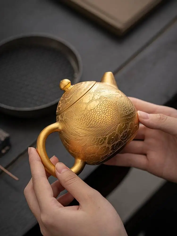 Handcrafted Zhou Hongjie 24K Pure Gold Gilded Phoenix Teapot, Yixing Purple Clay Dragon Egg Teapot Home Use, Suitable For