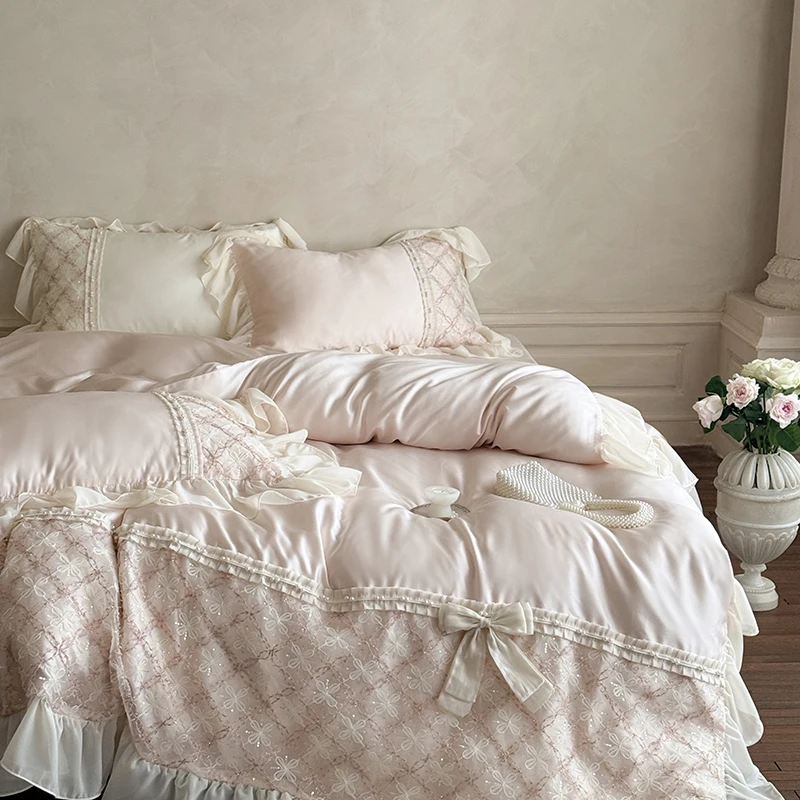 

Princess Style Lace Ruffles Bow Bedding Set Lyocell Soft Silky Cool Feeling Duvet Cover Bed Sheet/Fitted Sheet Pillowcases 4Pcs