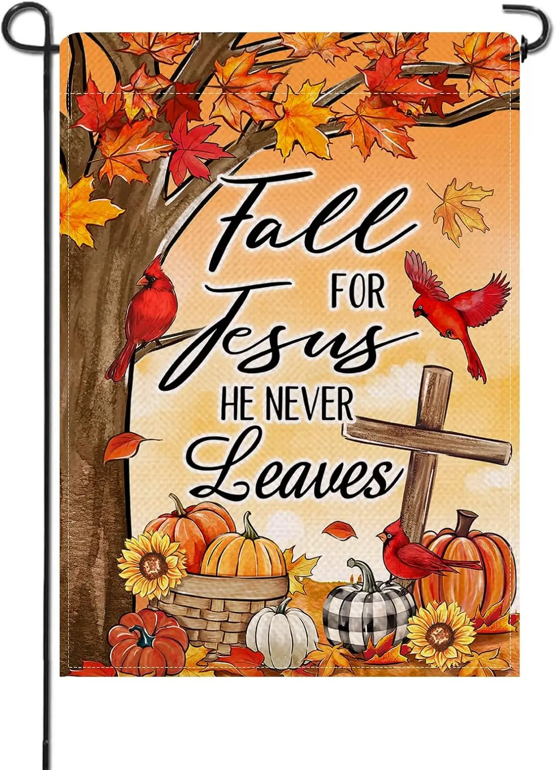 Artofy Fall for Jesus He Never Leaves Christian Small Decorative Garden Flag, Religious Autumn Maple Tree Cross Pumpkin Yard UUN