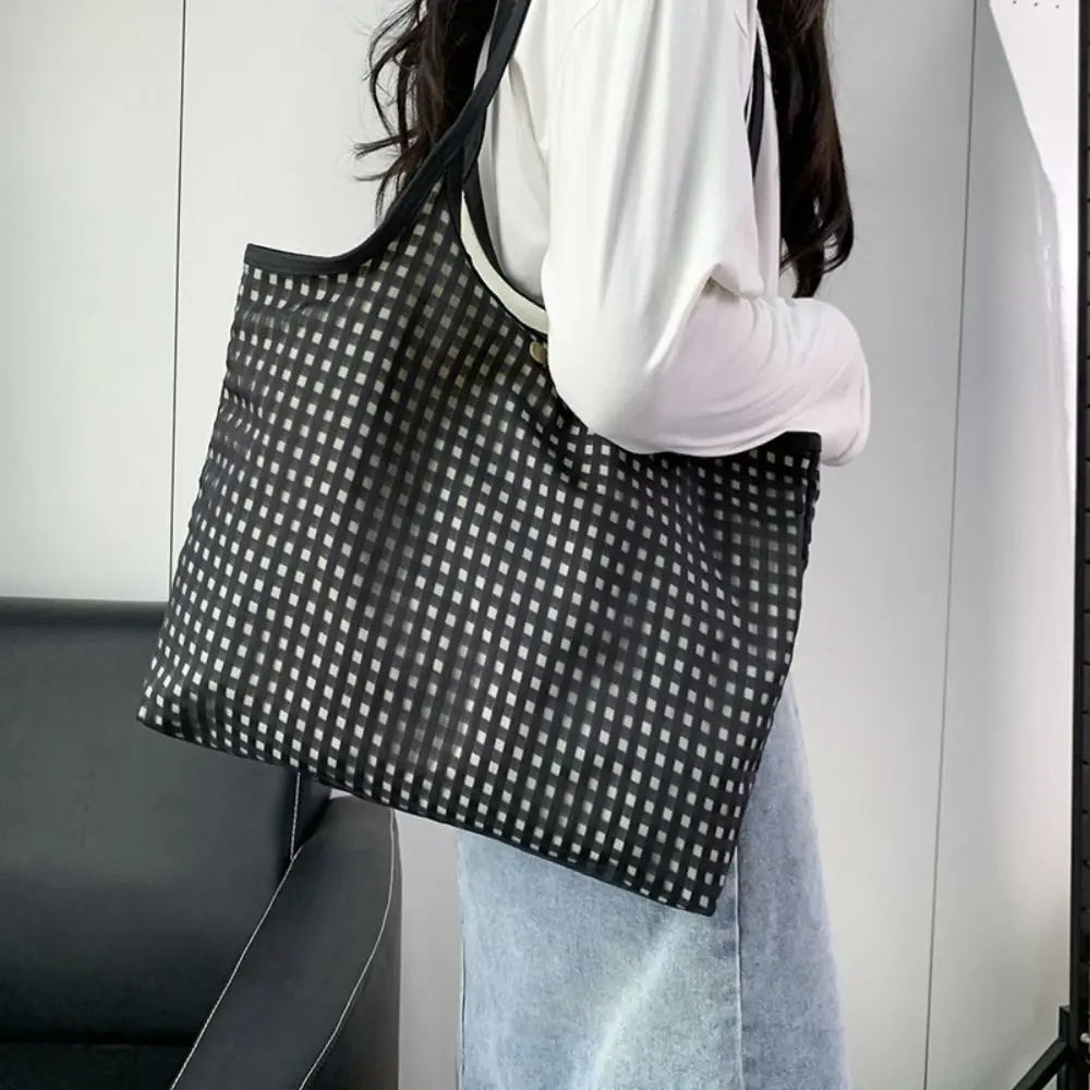 Large Capacity Checkered Shoulder Bag Multifunctional Fashion Leisure Handbag Multi-pocket Canvas Shopping Bag Office Worker