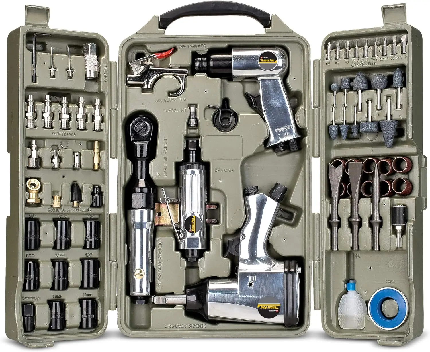 

Air Tool and Accessories Kit, 71 Piece, Impact Wrench, Air Ratchet, Die Grinder, Aire Hammer, Hose Fittings, Storage Case - 8366