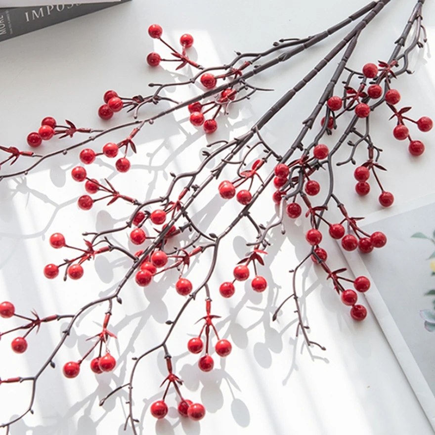 

Artificial Plants Holly Little Red Fruit Christmas Party Home Bedroom Festival Wedding Table Vase Garden Bonsai Daliy Warm Decor