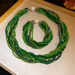 FYUAN Bohemia Green Champagne Crystal mini Beads Necklace Bracelet  For Women Party Banquet Jewelry Sets