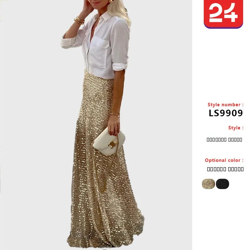 

iny Sequin Long f Skirt Women's Spring Autumn Independent Station Direct S Briti Sle Embroidered Midi Skirt