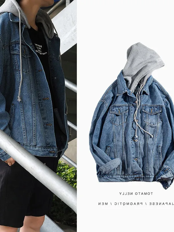 

Повседневная мужская джинсовая куртка с капюшоном, корейская версия, свободная посадка в стиле Харадзюку, верхняя одежда из хлопка и спандекса для молодежи