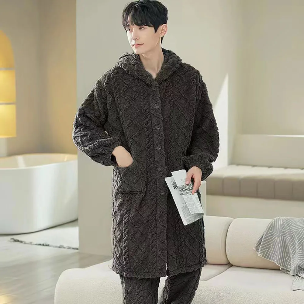 

Jacquard Pattern Pajamas In Set Couples Winter Warm Thicken Flannel Hooded Long Shower Robe+Comfortable Sleeping Pajama Pants