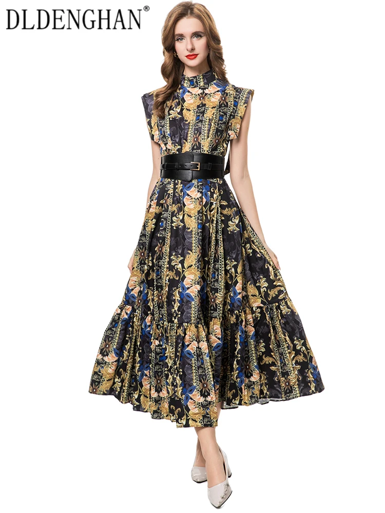 

DLDENGHAN Vintage Print Vest Dress For Women Stand Collar Sleeveless Sashes Dresses Fashion Summer Female