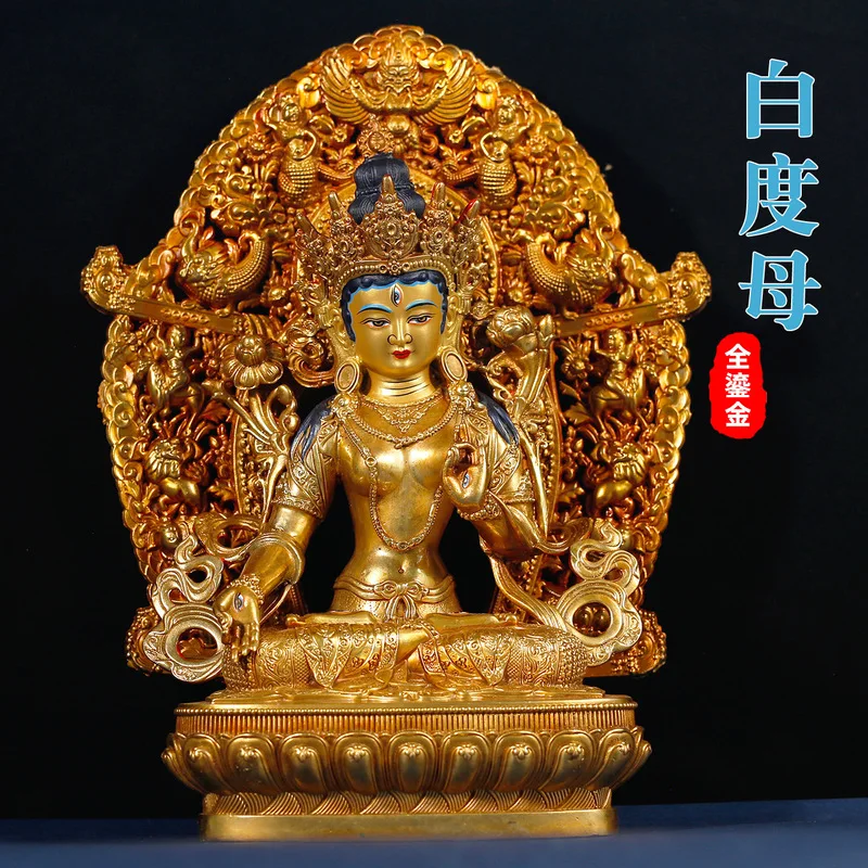 10inch Tibetan-style fully gilded white Tara carved Buddha statue with backlight for home worship in the Buddhist hall, bronze s