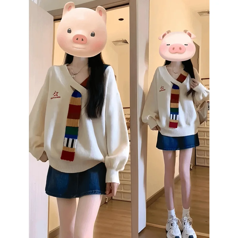 

Loose Long Sve V-Ne Sweater Women's Autumn Winter New Sle Korean Loose Rainbow Aosphere Long Sve Top