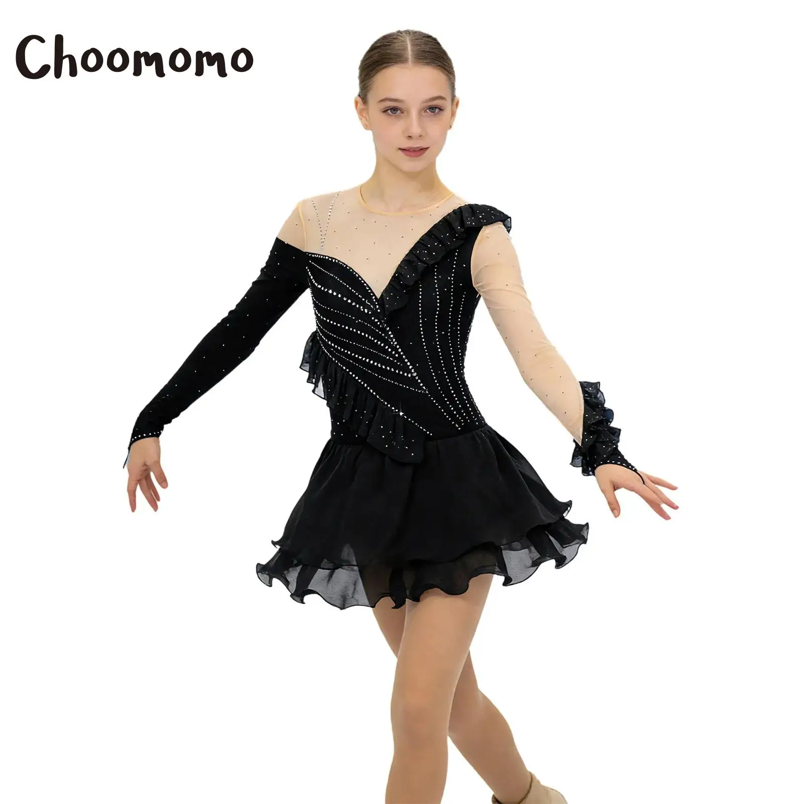 

Womens Rhinestones Figure Ice Skating Dress Ruffled Tiered Chiffon Color Block Ballet Latin Dance Gymnastics Leotard Bodysuit