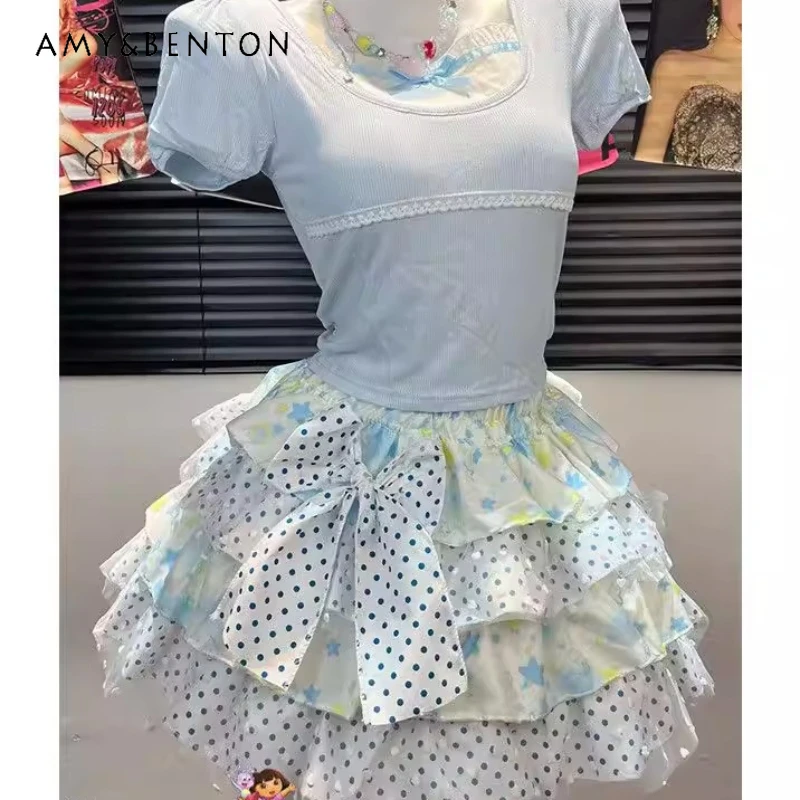 

Japanese Original Design Sweet Girl Style Women's Clothing 2026 Summer Blue Short-sleeved Top Y2k Cake Short Skirt Set Ladies