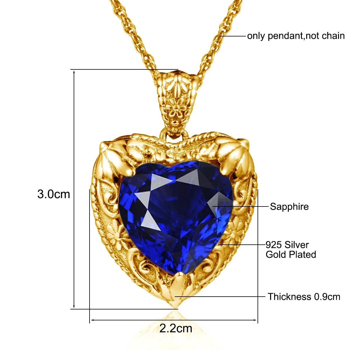Victoria Style Royal Blue Sapphire Heart Necklace For Women With Stone 15*15mm Yellow Gold Luxury Wedding Jewelry Gift Trending