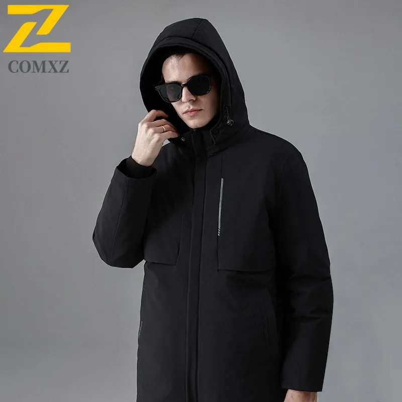 COMXZ Winter Hooded Down Jacket Men Loose Fit Solid Color White Duck Down Top Youth Minimalist Thermal Fashion Casual Sport Coat