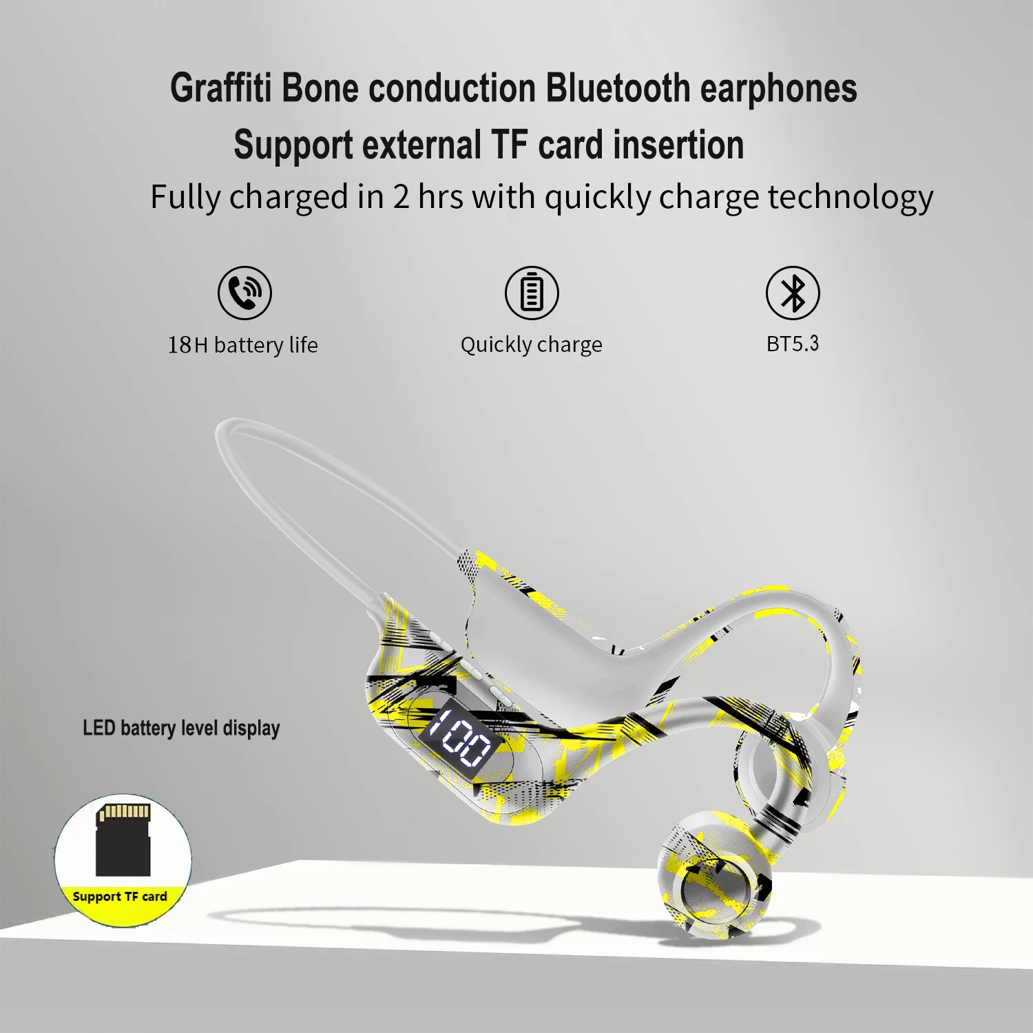

Graffiti Bone Conduction Bluetooth 5.3 Earphones LED Battery Level Display Support TF Card Ear Hook Wireless Headset For Sports