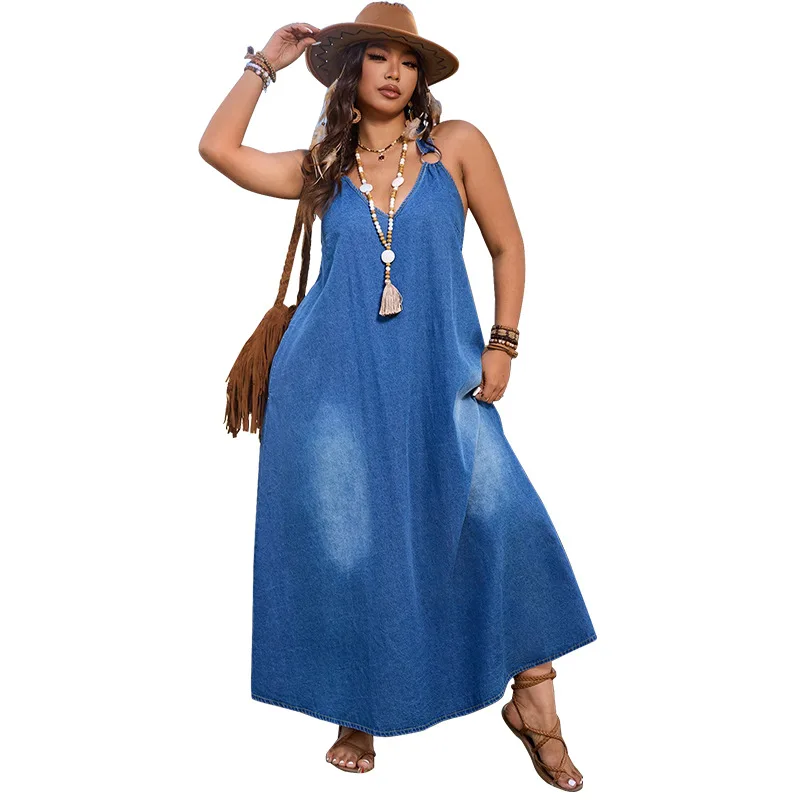 Plus size vrouw denim jurk 2025, zomer hete verkoop v-hals mouwloze casual jurken gewassen sexy dagelijkse kleding