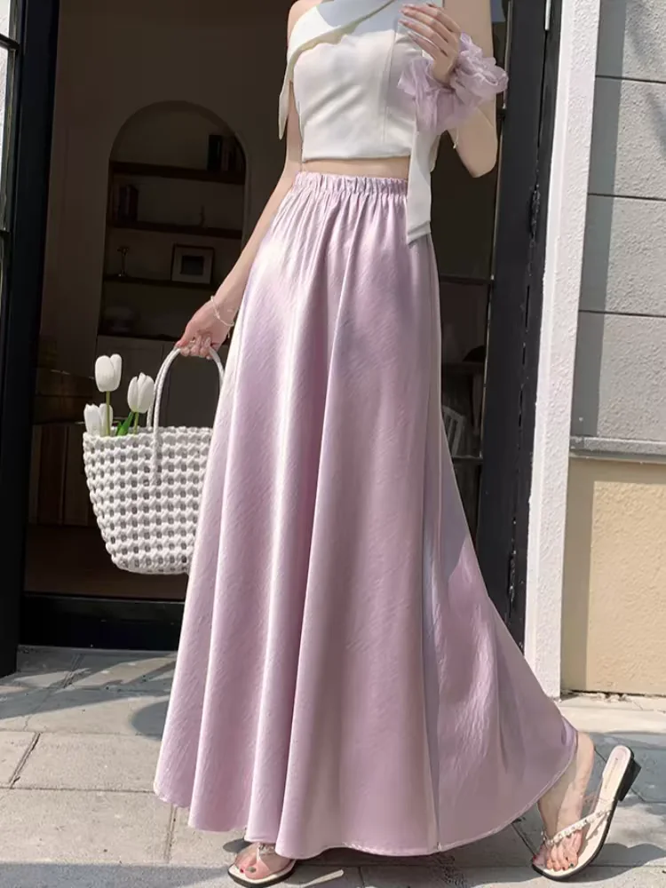 Women's Summer Acetate Satin Maxi Skirts 2026 New A-Line Flared Skirt, Flowy Draped, Wrinkle-Resistant, Elegant Umbrella Skirts