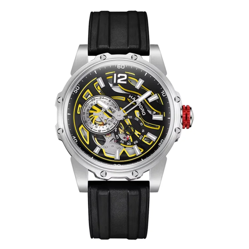 HANBORO Men Automatic Watch 46mm Mechanical Wristwatch Luminous Skeleton Dial Small Sapphire Second Dial 24 Hours Miyota 82S7
